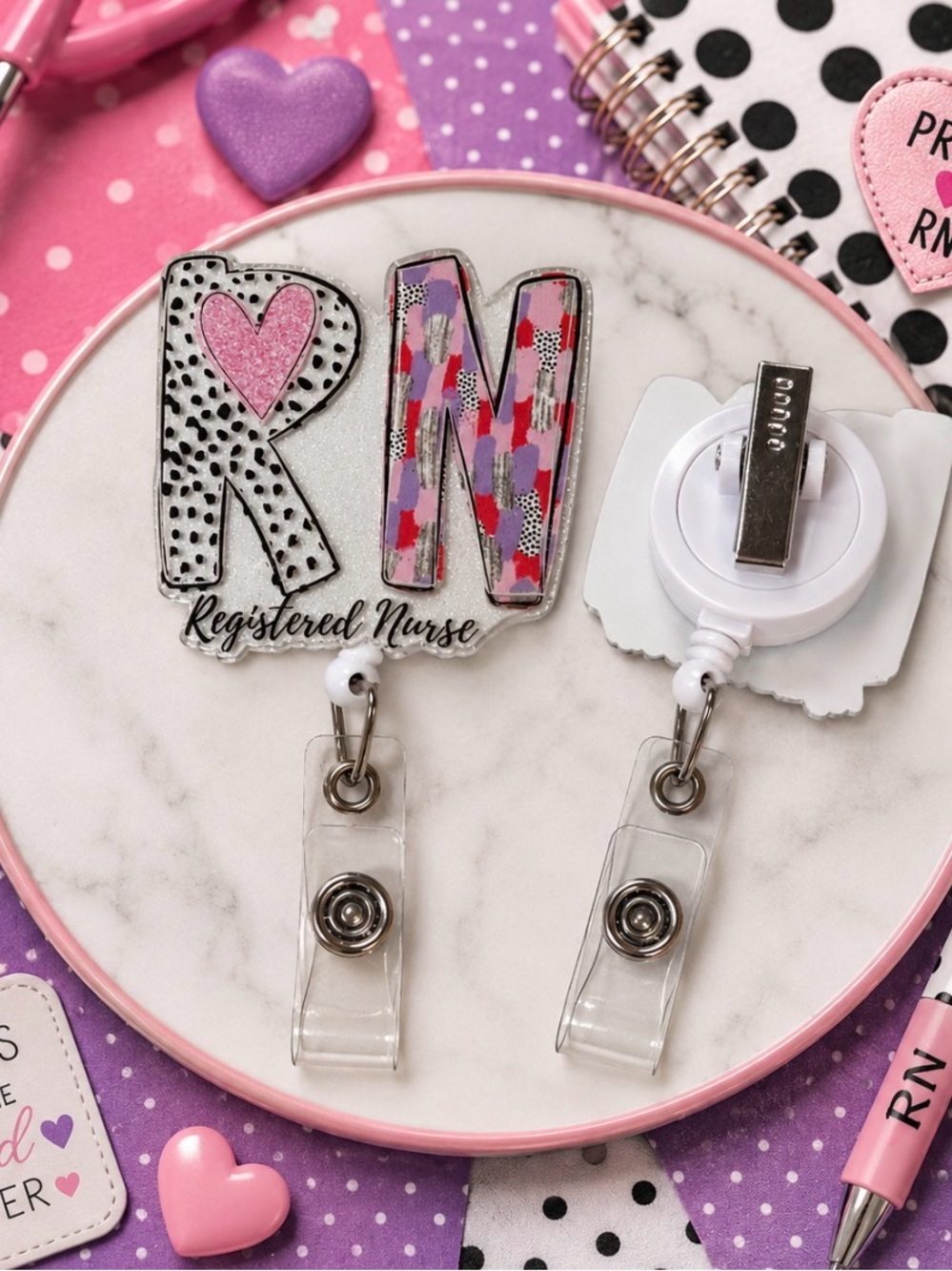 Hand Crafted RN Registered Nurse Badge Reel - Pink, Purple, White, Black